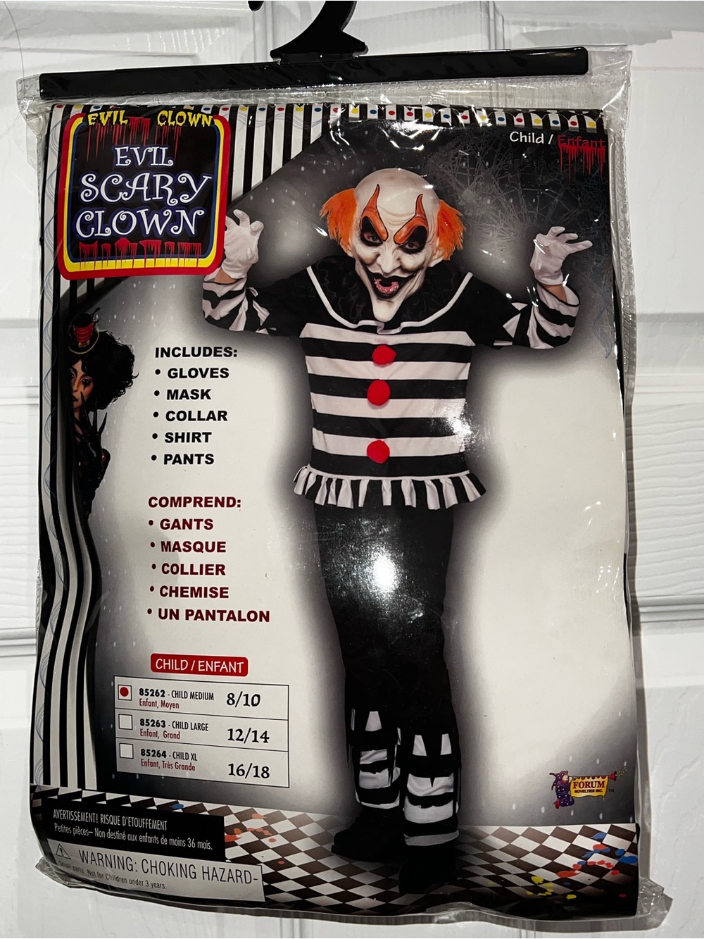 Evil Scary Clown Kids Costume - Black, White & Orange Accent sz(M)8-10 NEW